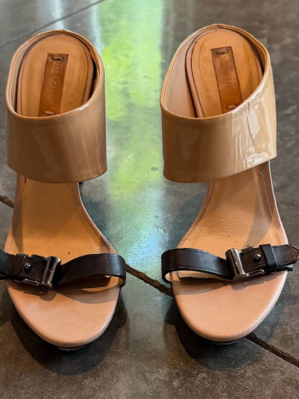 Reed Krakoff Two-Tone Patent & Matte Leather Buckle Mule Sandals Size 37.7